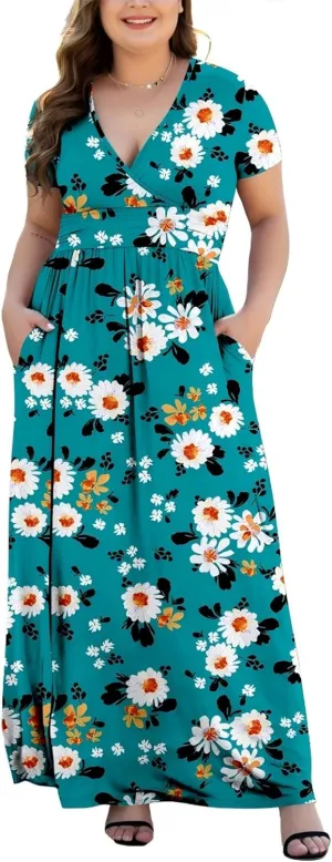 Women's L-5XL Short Sleeve V-Neck Plus Size Maxi Dresses with Pockets
