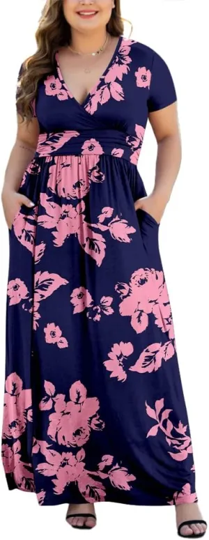 Women's L-5XL Short Sleeve V-Neck Plus Size Maxi Dresses with Pockets
