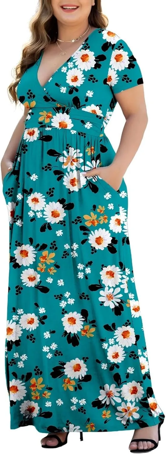 Women's L-5XL Short Sleeve V-Neck Plus Size Maxi Dresses with Pockets