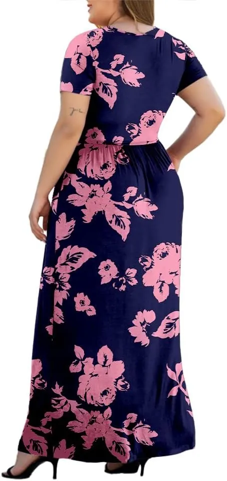 Women's L-5XL Short Sleeve V-Neck Plus Size Maxi Dresses with Pockets