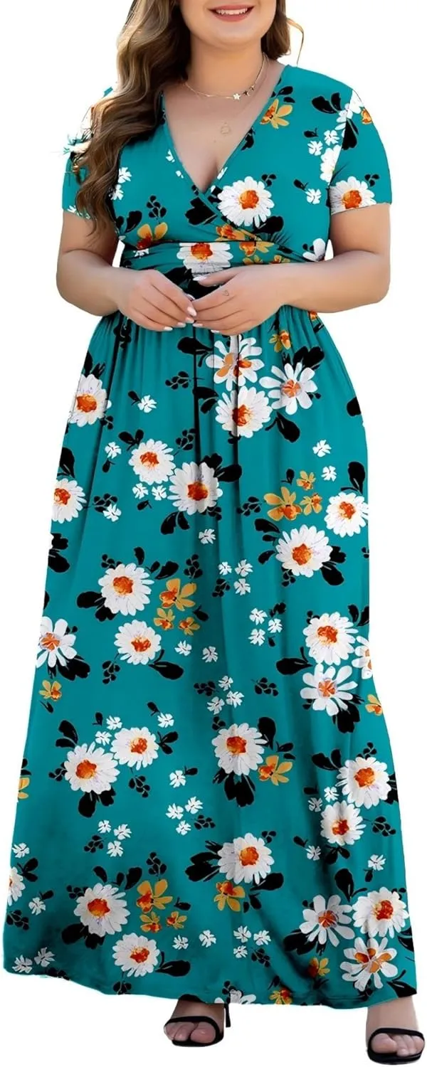 Women's L-5XL Short Sleeve V-Neck Plus Size Maxi Dresses with Pockets