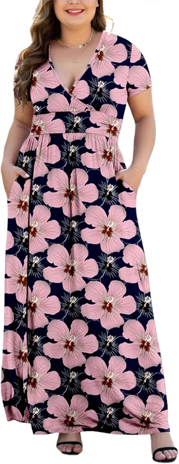 Women's L-5XL Short Sleeve V-Neck Plus Size Maxi Dresses with Pockets