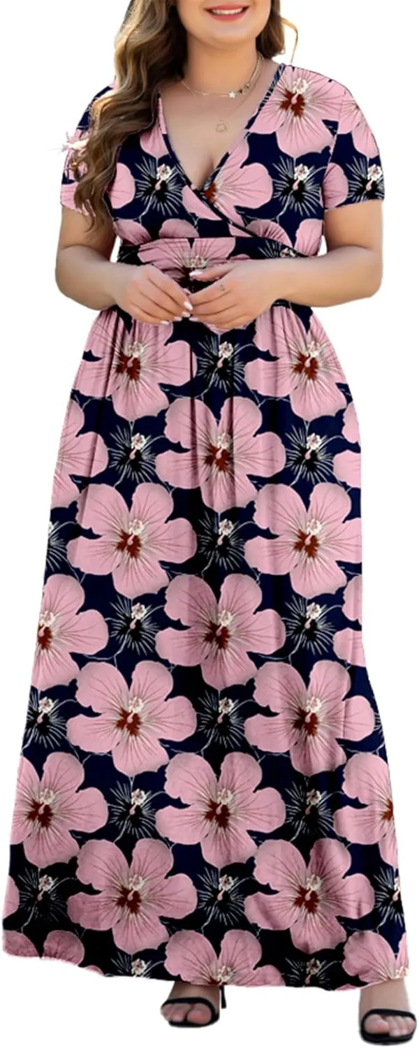 Women's L-5XL Short Sleeve V-Neck Plus Size Maxi Dresses with Pockets