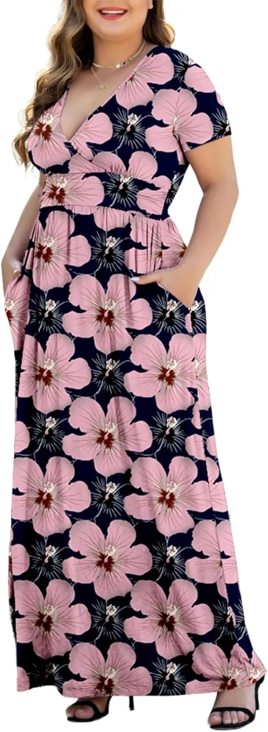 Women's L-5XL Short Sleeve V-Neck Plus Size Maxi Dresses with Pockets