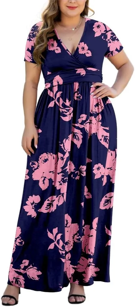 Women's L-5XL Short Sleeve V-Neck Plus Size Maxi Dresses with Pockets