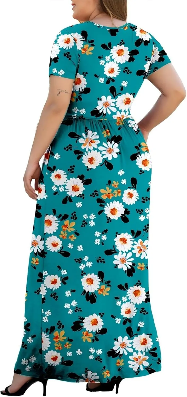 Women's L-5XL Short Sleeve V-Neck Plus Size Maxi Dresses with Pockets