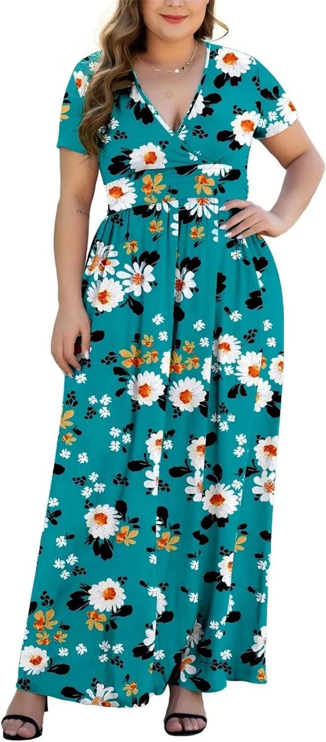 Women's L-5XL Short Sleeve V-Neck Plus Size Maxi Dresses with Pockets