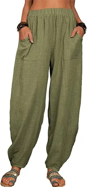 Womens Linen Blend Summer Baggy Pants High Waist Wide Leg Slim Fit Pant Trousers Trendy