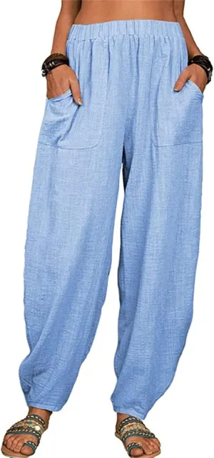 Womens Linen Blend Summer Baggy Pants High Waist Wide Leg Slim Fit Pant Trousers Trendy