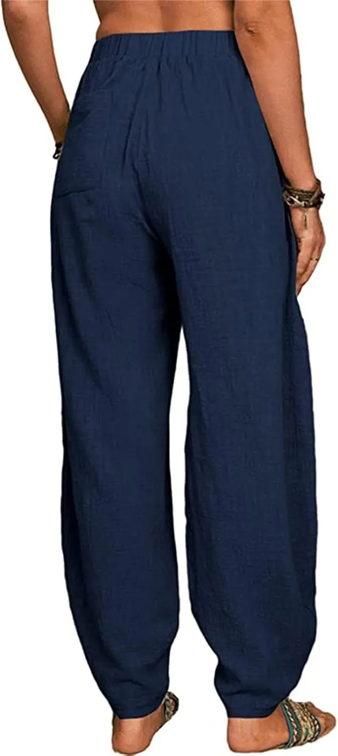 Womens Linen Blend Summer Baggy Pants High Waist Wide Leg Slim Fit Pant Trousers Trendy