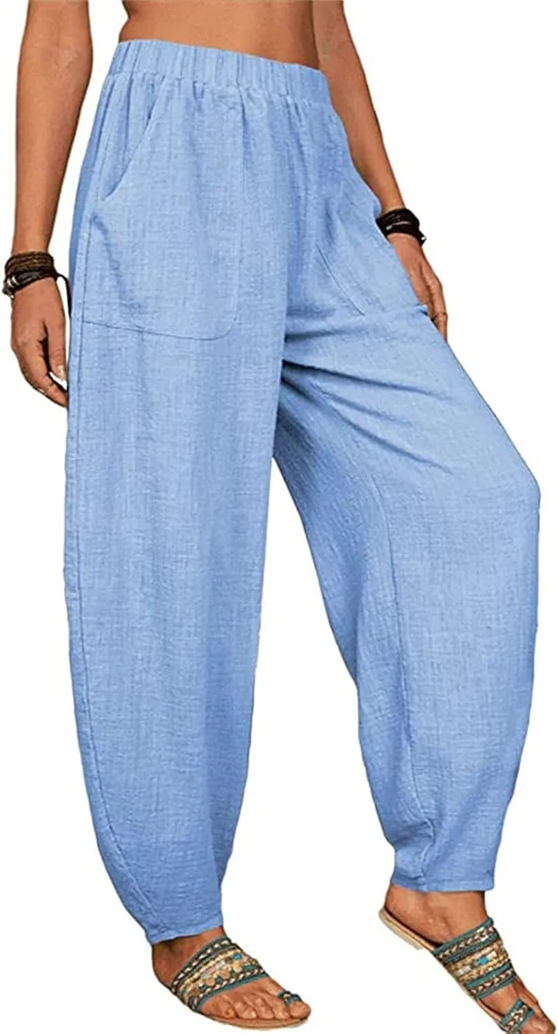 Womens Linen Blend Summer Baggy Pants High Waist Wide Leg Slim Fit Pant Trousers Trendy