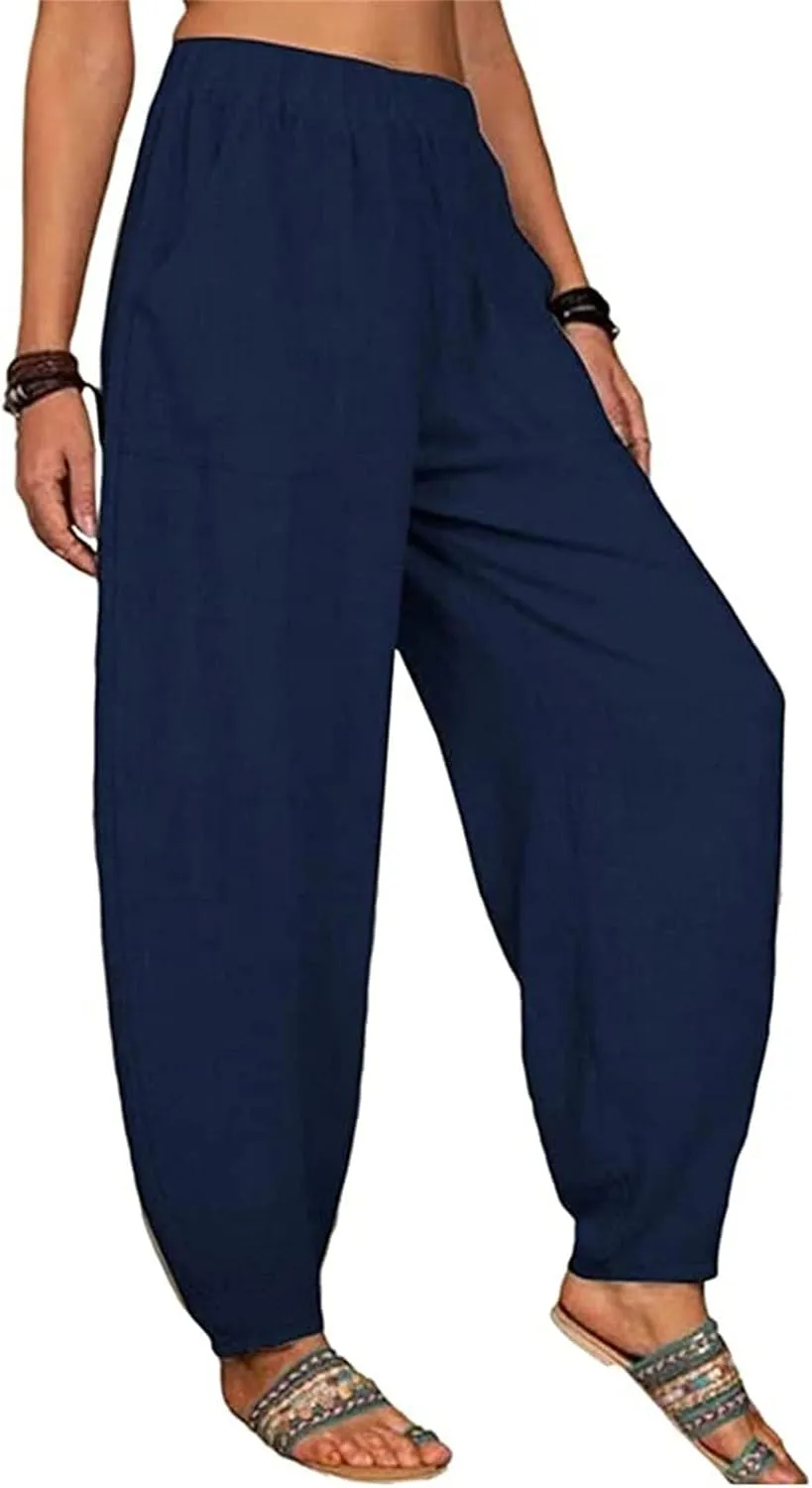 Womens Linen Blend Summer Baggy Pants High Waist Wide Leg Slim Fit Pant Trousers Trendy