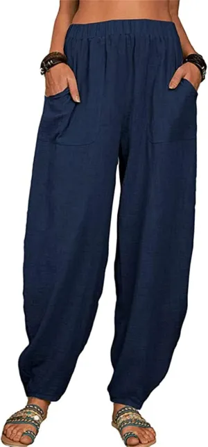 Womens Linen Blend Summer Baggy Pants High Waist Wide Leg Slim Fit Pant Trousers Trendy
