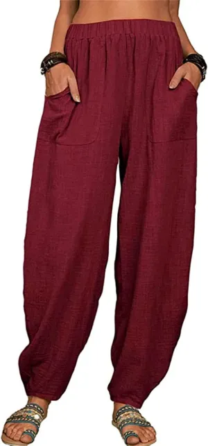 Womens Linen Blend Summer Baggy Pants High Waist Wide Leg Slim Fit Pant Trousers Trendy
