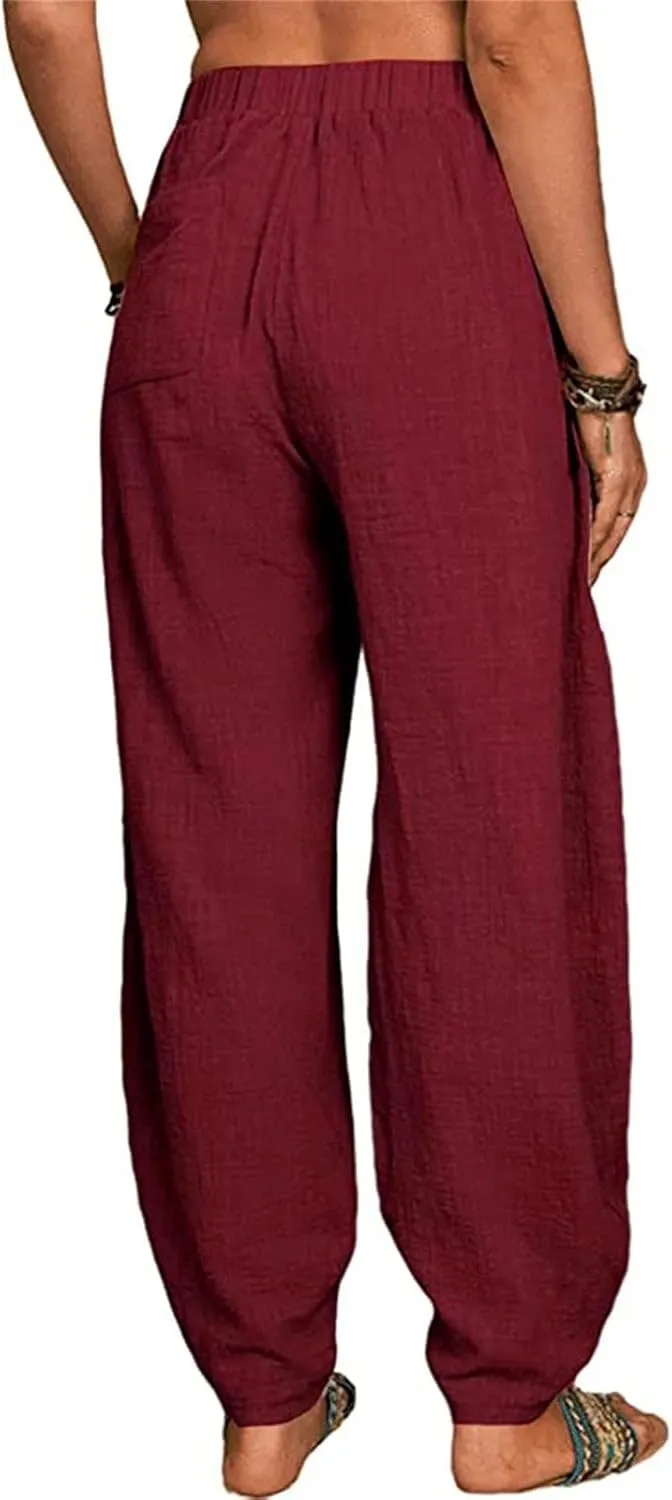 Womens Linen Blend Summer Baggy Pants High Waist Wide Leg Slim Fit Pant Trousers Trendy
