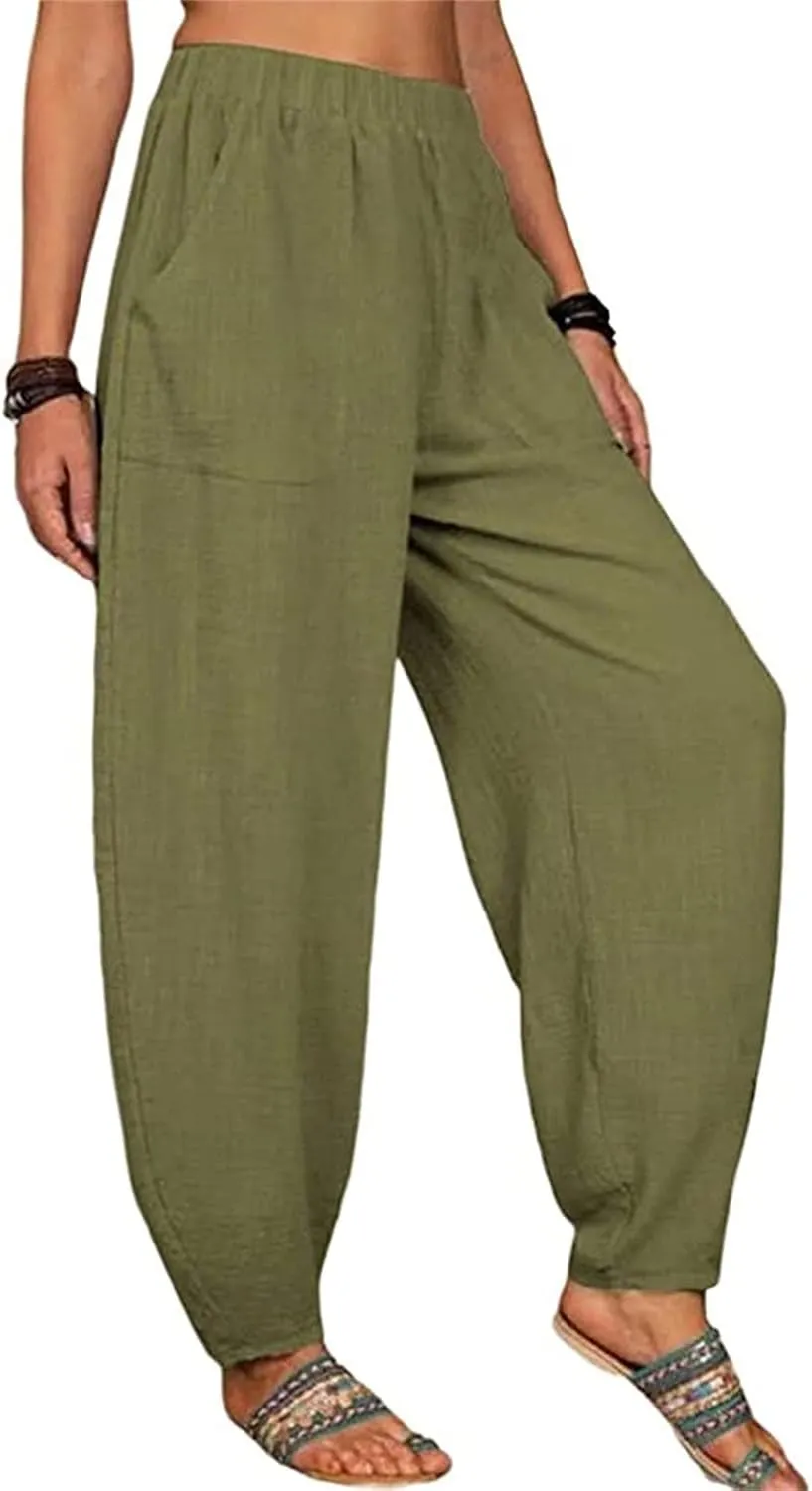 Womens Linen Blend Summer Baggy Pants High Waist Wide Leg Slim Fit Pant Trousers Trendy
