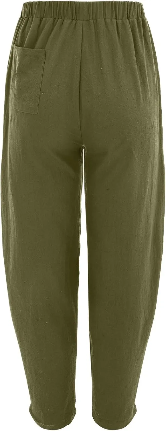 Womens Linen Blend Summer Baggy Pants High Waist Wide Leg Slim Fit Pant Trousers Trendy