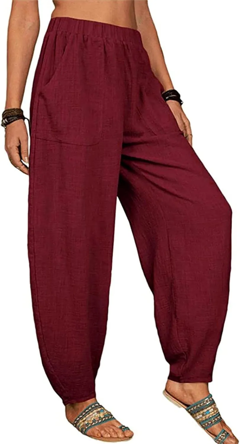 Womens Linen Blend Summer Baggy Pants High Waist Wide Leg Slim Fit Pant Trousers Trendy