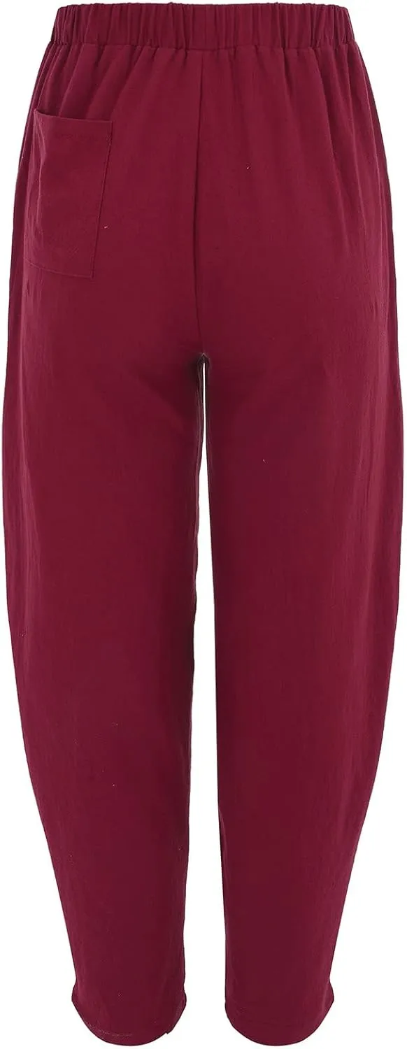Womens Linen Blend Summer Baggy Pants High Waist Wide Leg Slim Fit Pant Trousers Trendy