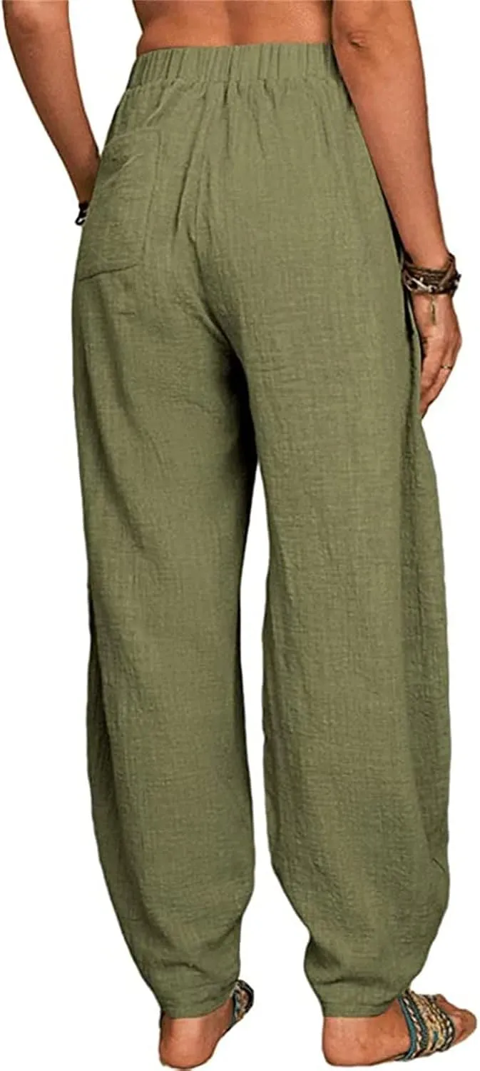 Womens Linen Blend Summer Baggy Pants High Waist Wide Leg Slim Fit Pant Trousers Trendy