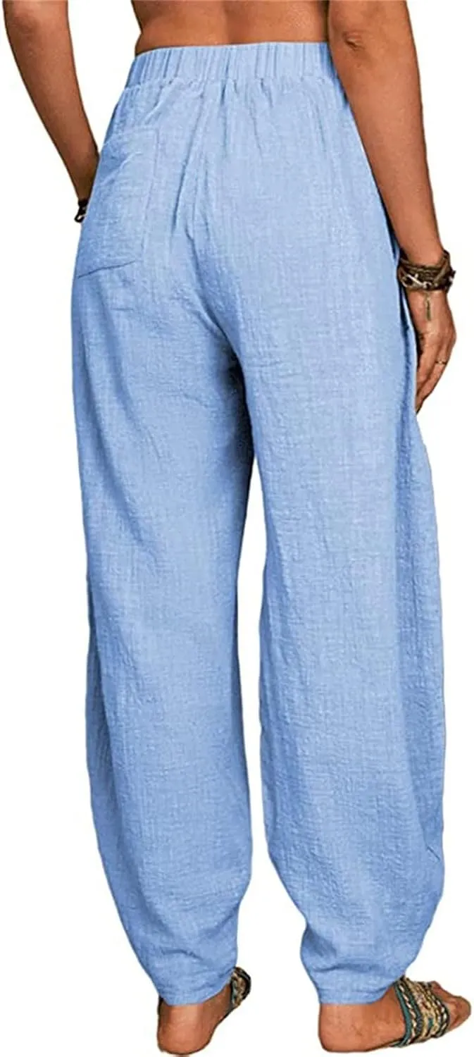 Womens Linen Blend Summer Baggy Pants High Waist Wide Leg Slim Fit Pant Trousers Trendy