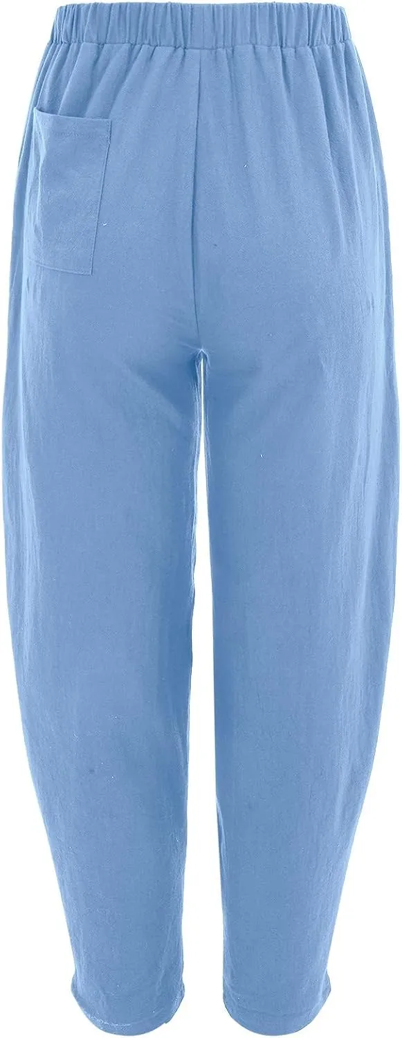 Womens Linen Blend Summer Baggy Pants High Waist Wide Leg Slim Fit Pant Trousers Trendy