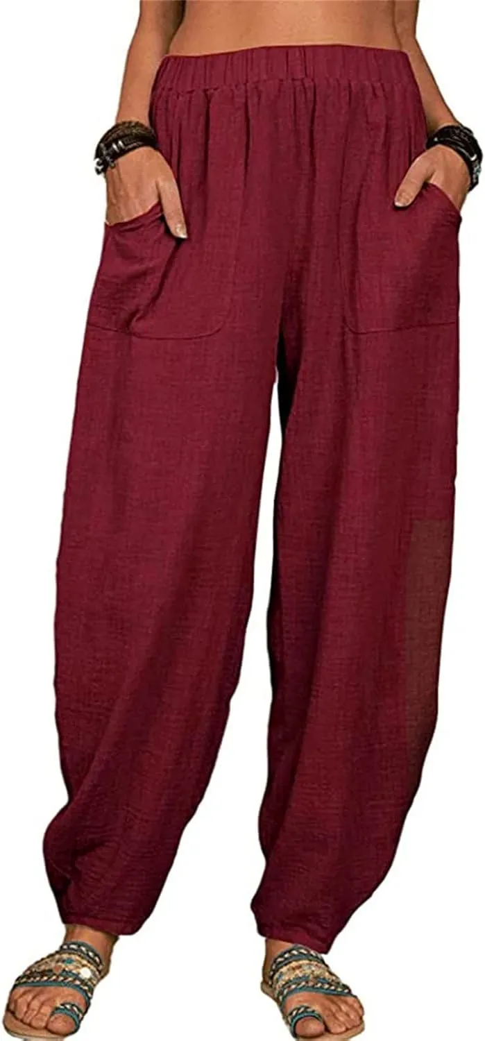 Womens Linen Blend Summer Baggy Pants High Waist Wide Leg Slim Fit Pant Trousers Trendy