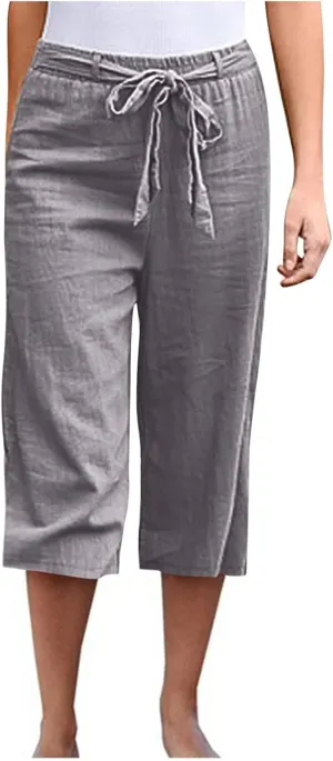 Women's Linen Blend Summer Casual Pants Elastic Waist Bootcut Slim Fit Palazzo Lounge Pants Trendy