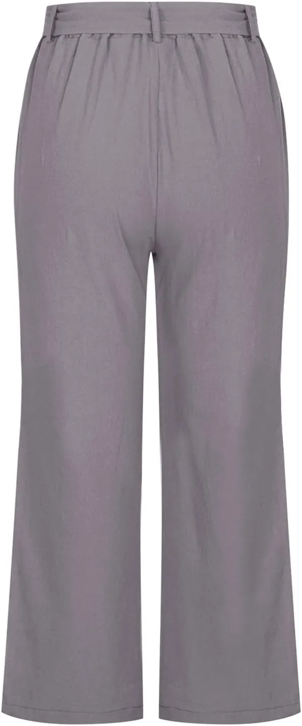 Women's Linen Blend Summer Casual Pants Elastic Waist Bootcut Slim Fit Palazzo Lounge Pants Trendy