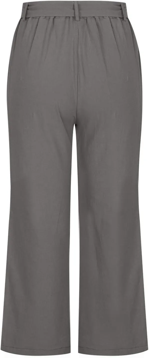 Women's Linen Blend Summer Casual Pants Elastic Waist Bootcut Slim Fit Palazzo Lounge Pants Trendy