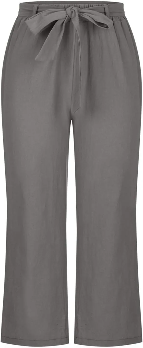 Women's Linen Blend Summer Casual Pants Elastic Waist Bootcut Slim Fit Palazzo Lounge Pants Trendy