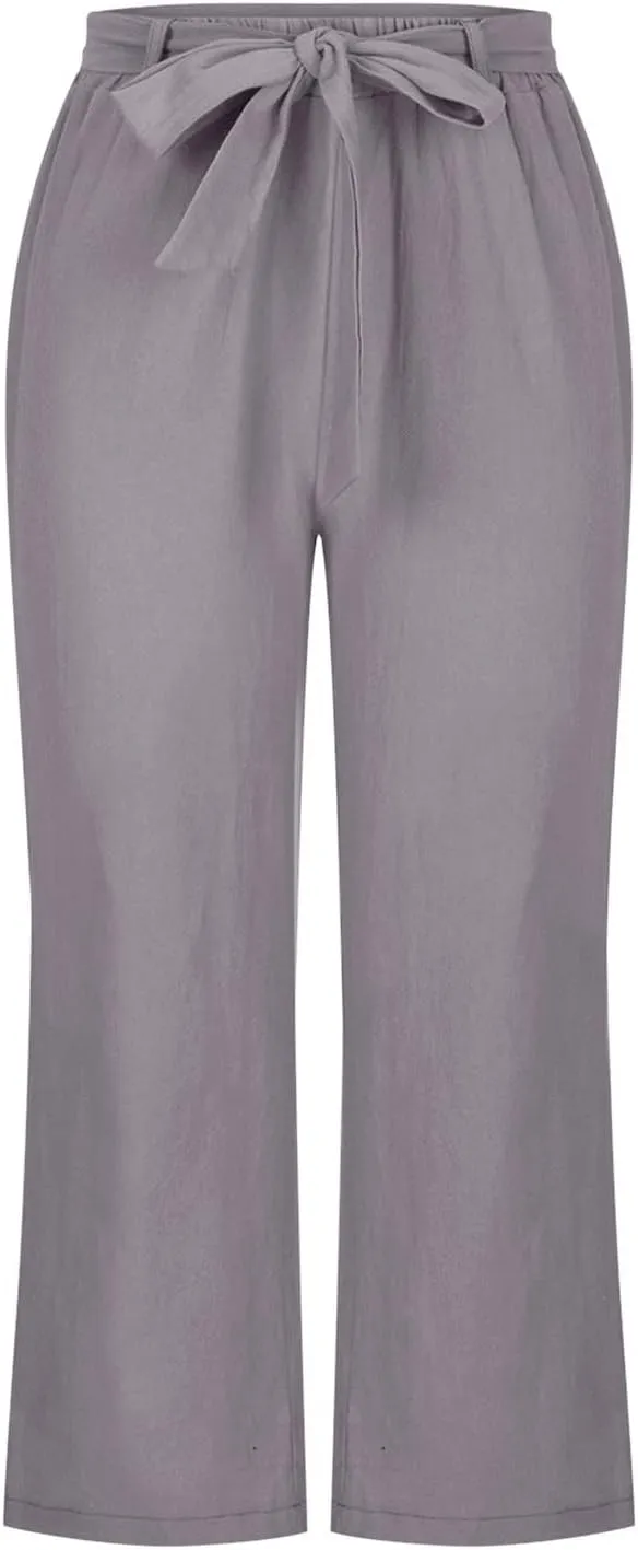 Women's Linen Blend Summer Casual Pants Elastic Waist Bootcut Slim Fit Palazzo Lounge Pants Trendy