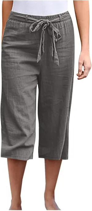 Women's Linen Blend Summer Casual Pants Elastic Waist Bootcut Slim Fit Palazzo Lounge Pants Trendy