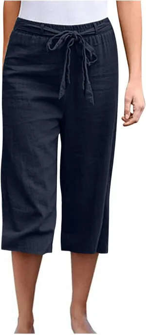 Women's Linen Blend Summer Casual Pants Elastic Waist Bootcut Slim Fit Palazzo Lounge Pants Trendy