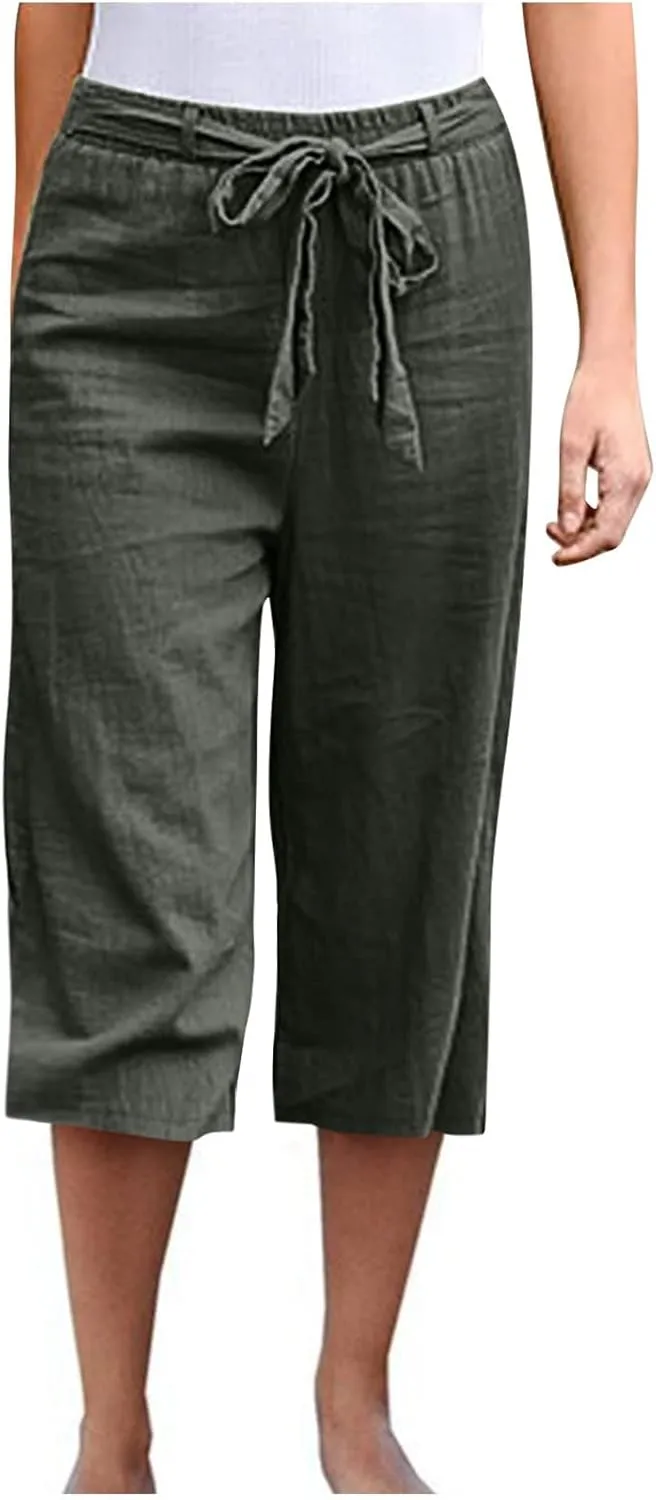 Women's Linen Blend Summer Casual Pants Elastic Waist Bootcut Slim Fit Palazzo Lounge Pants Trendy