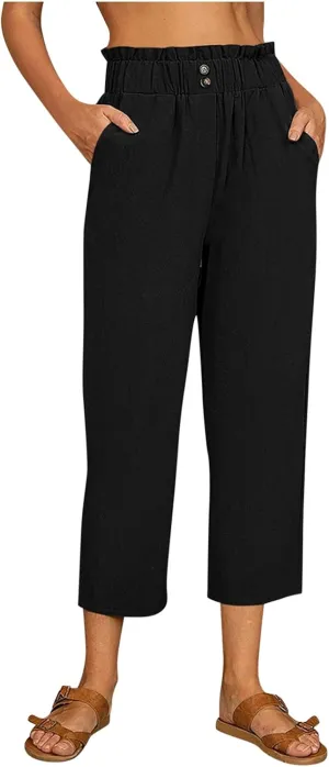 Women's Linen Blend Summer Floral Palazzo Pants Elastic Waist Ankle Length Loose Fit Trouser Trendy