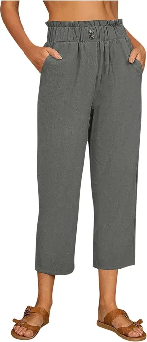 Women's Linen Blend Summer Floral Palazzo Pants Elastic Waist Ankle Length Loose Fit Trouser Trendy