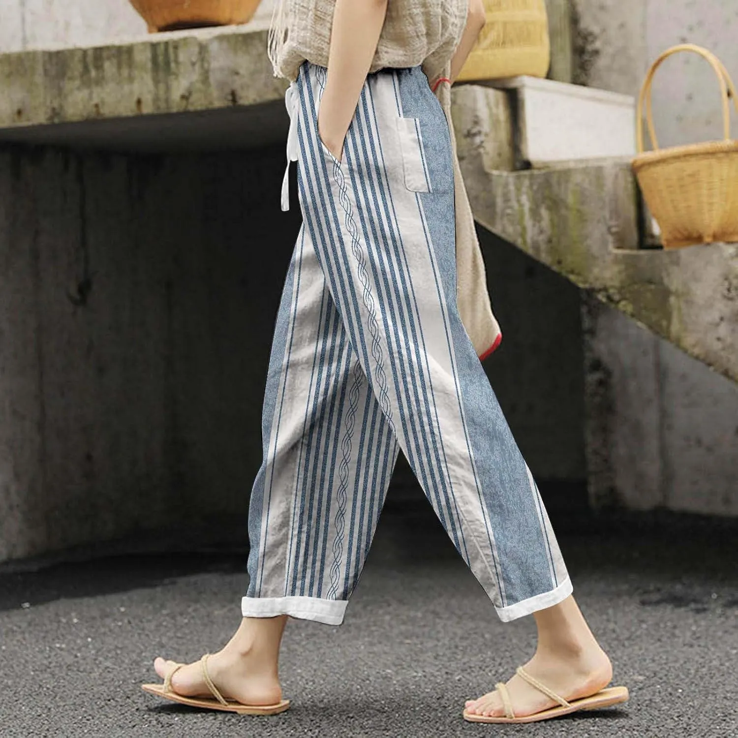 Women's Linen Blend Summer Lightweigt Palazzo Lounge Pants Elastic Waisted Bootcut Slim Fit Trousers Business Work