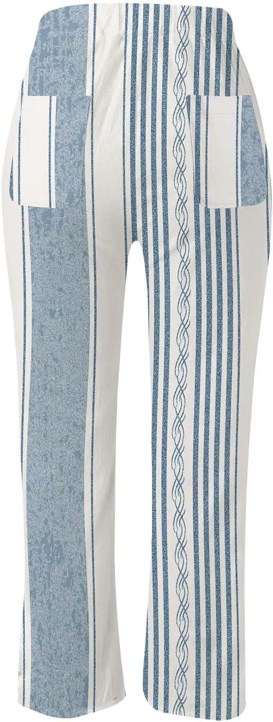 Women's Linen Blend Summer Lightweigt Palazzo Lounge Pants Elastic Waisted Bootcut Slim Fit Trousers Business Work