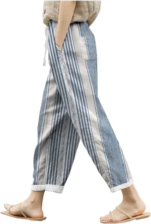Women's Linen Blend Summer Lightweigt Palazzo Lounge Pants Elastic Waisted Bootcut Slim Fit Trousers Business Work
