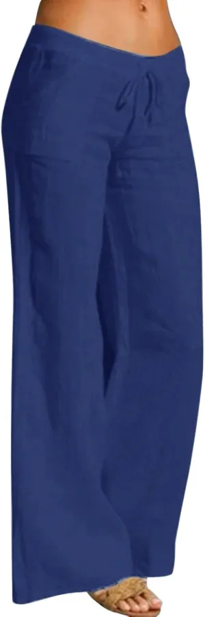 Women's Linen Blend Summer Loose Pants Low Waist Baggy Stretchy Loose Fit Pant Trousers Trendy