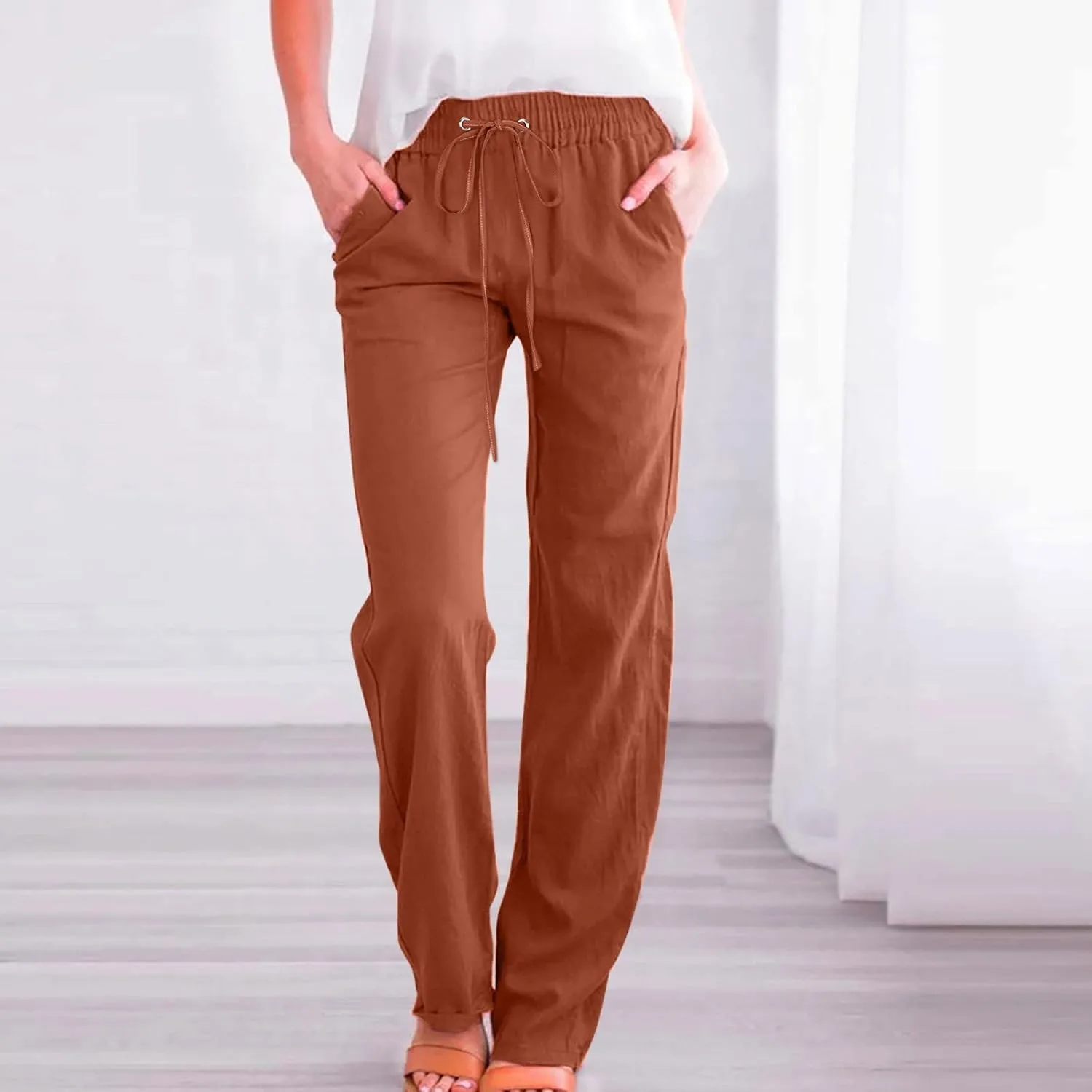 Womens Linen Blend Summer Trendy Palazzo Pants Low Waist Lounge Pants Slim-Fit Trousers Travel