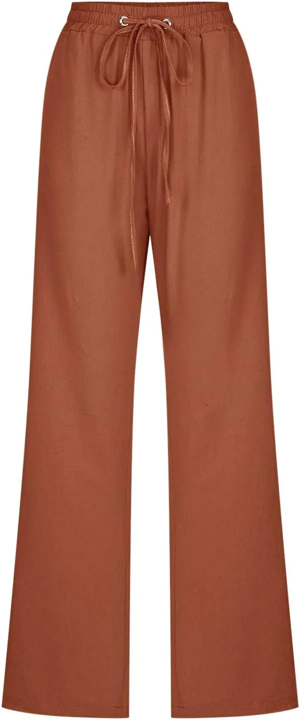 Womens Linen Blend Summer Trendy Palazzo Pants Low Waist Lounge Pants Slim-Fit Trousers Travel
