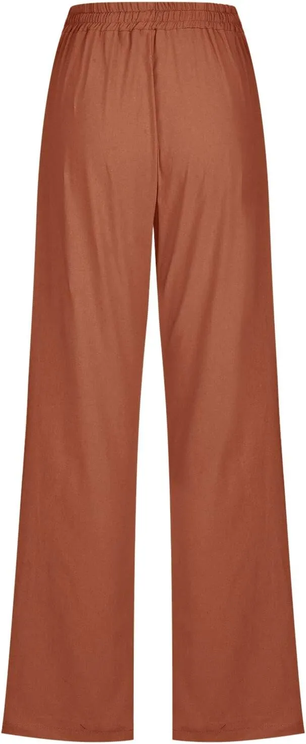 Womens Linen Blend Summer Trendy Palazzo Pants Low Waist Lounge Pants Slim-Fit Trousers Travel