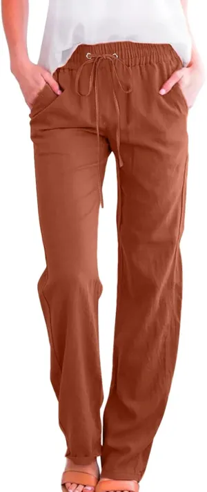 Womens Linen Blend Summer Trendy Palazzo Pants Low Waist Lounge Pants Slim-Fit Trousers Travel