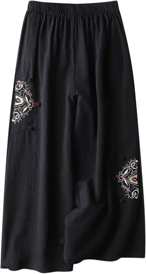 Womens Linen Pants Summer Casual Loose Beach Pants 2025 Vintage Embroidery Wide Leg Pants High Waist Palazzo Lounge