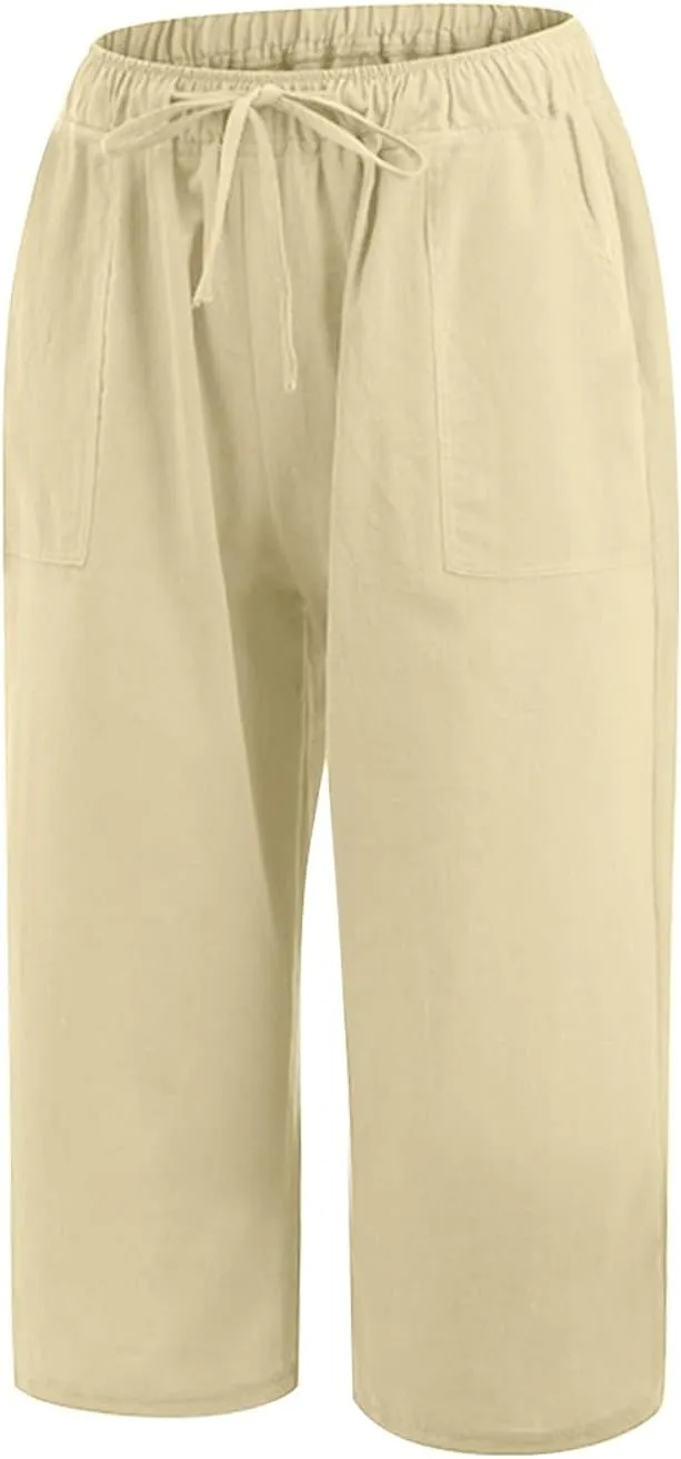 Womens Linen Summer Baggy Pant Trousers Elastic Waisted Ankle Length Loose Fit Pant Trousers Trendy