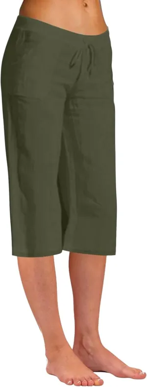 Womens Linen Summer Baggy Pant Trousers Elastic Waisted Ankle Length Loose Fit Pant Trousers Trendy
