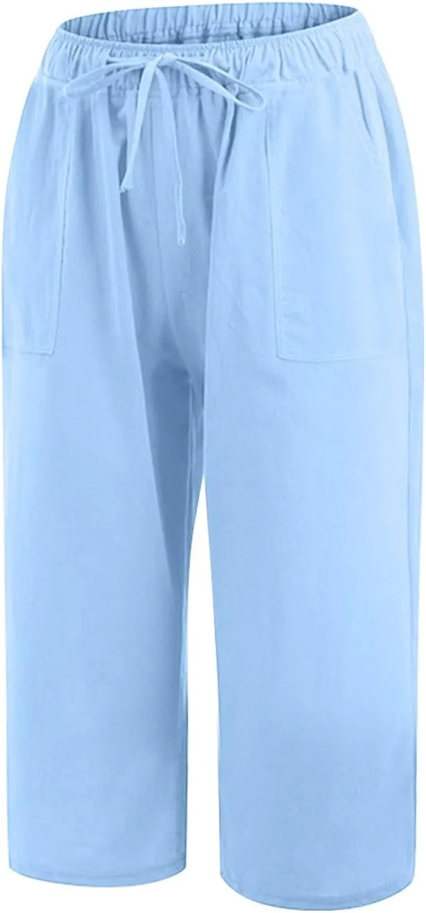 Womens Linen Summer Baggy Pant Trousers Elastic Waisted Ankle Length Loose Fit Pant Trousers Trendy