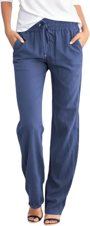 Women's Linen Summer Baggy Pants Elastic Waist Long Lounge Slim-Fit Trousers Trendy